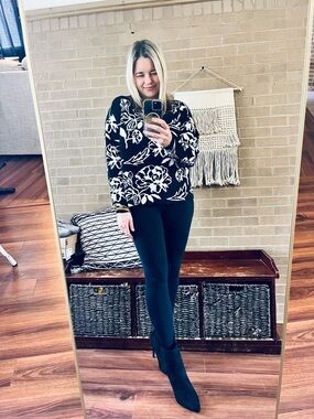 Cyrus Black and White Floral Crewneck Sweater